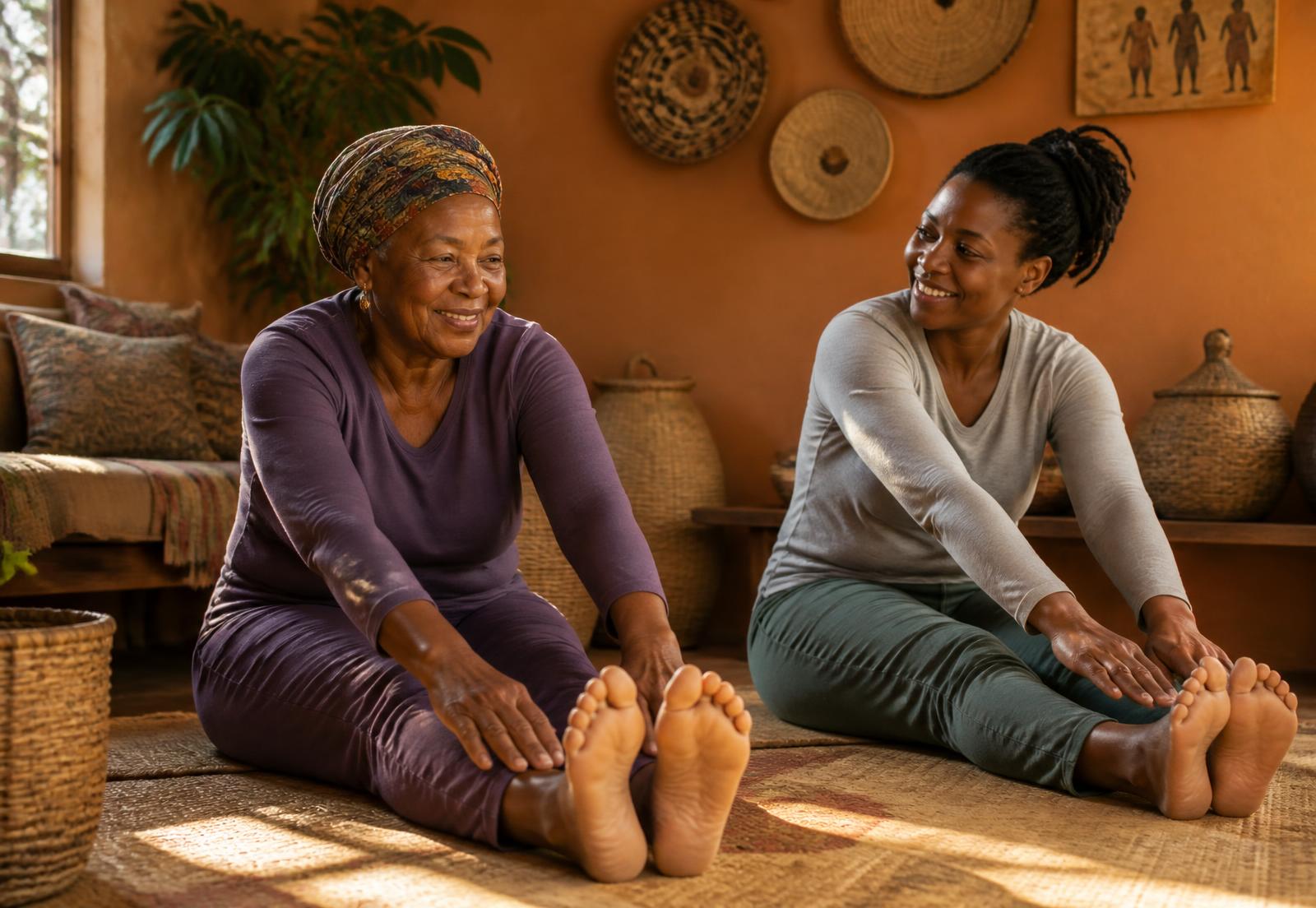 A mother and daughter doing gentle seated stretches together at home